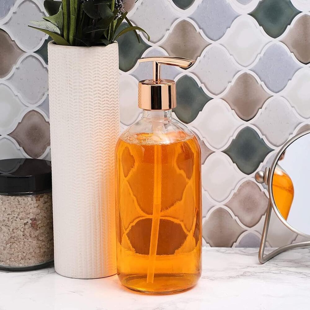 2pcs Clear Glass Kitchen or Bathroom Hand Soap Dispenser Bottle 16oz (Gold Pump) - Picture 2 of 9